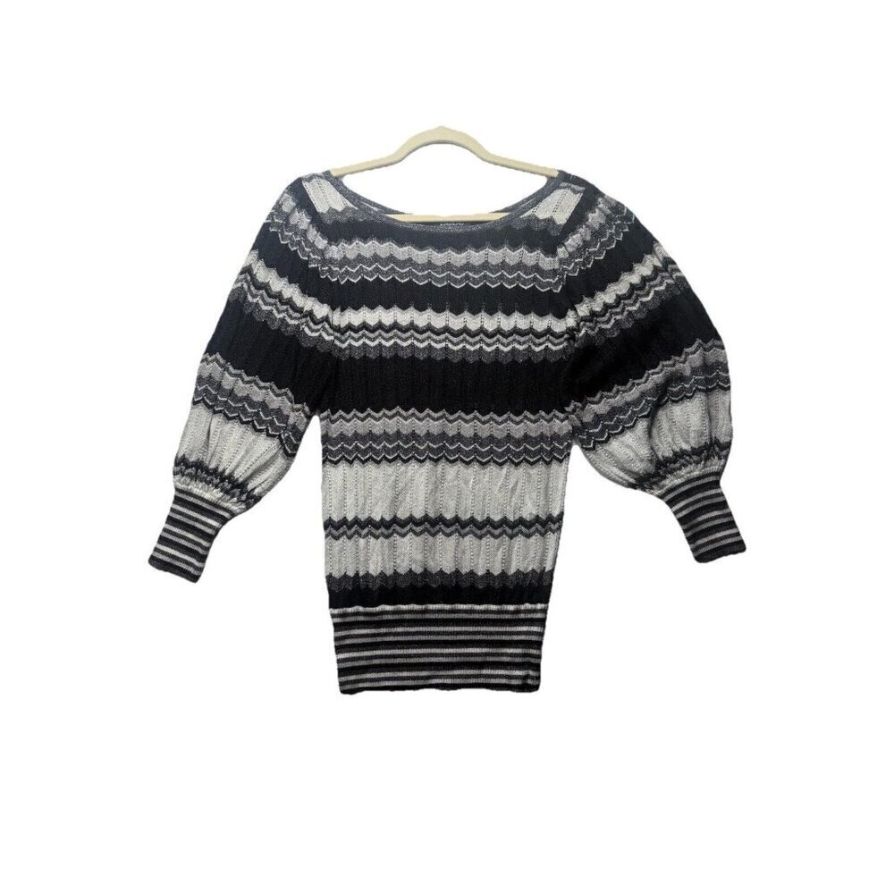 Vtg Bebe Y2K Black White Silver Multi Zig Zag Scoop Neck Light Sweater Size S